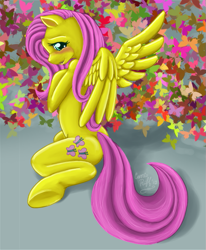 Size: 577x700 | Tagged: safe, artist:carriepika, imported from derpibooru, fluttershy, butterfly, female, solo, underhoof