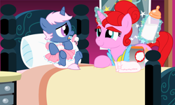 Size: 10000x6000 | Tagged: safe, artist:evilfrenzy, imported from derpibooru, oc, oc only, oc:azure/sapphire, absurd resolution, baby bottle, bed, crossdressing, diaper, femboy, foalsitter, male, pacifier, poofy diaper