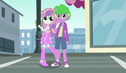 Size: 1024x596 | Tagged: safe, artist:3d4d, artist:pinkiespartygirl, artist:thecheeseburger, imported from derpibooru, spike, sweetie belle, equestria girls, clothes, female, hoodie, human spike, male, shipping, spikebelle, straight