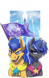 Size: 390x612 | Tagged: safe, artist:keekoi, imported from derpibooru, flash sentry, oc, oc:star kicker, winningverse, duo, fanfic art, flag, simple background, transparent background