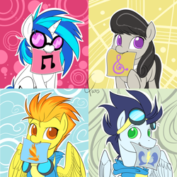 Size: 1080x1080 | Tagged: safe, artist:valcron, imported from derpibooru, dj pon-3, octavia melody, soarin', spitfire, vinyl scratch, earth pony, pegasus, pony, unicorn, cute, cutefire, cutie mark, looking at you, mouth hold, tavibetes, vinylbetes