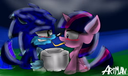 Size: 1600x960 | Tagged: safe, artist:sonicart100, imported from derpibooru, twilight sparkle, crossover, crossover shipping, female, lady and the tramp, male, scene parody, shipping, sonic the hedgehog, sonic the hedgehog (series), sonic the werehog, straight, twisonic