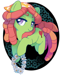 Size: 1600x2000 | Tagged: safe, artist:sambragg, imported from derpibooru, tree hugger, earth pony, pony, bedroom eyes, featured image, female, floral head wreath, hippie, hoof hold, lace, looking at you, sexy, simple background, smiling, solo, white background