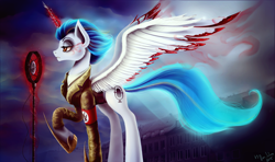 Size: 2000x1185 | Tagged: safe, artist:das_leben, imported from derpibooru, alicorn, pony, armband, blood, building, clothes, cloud, cloudy, frown, joseph goebbels, levitation, magic, male, microphone, nazi, necktie, ponified, raised hoof, solo, speech, spread wings, stallion, suit, uniform, wings