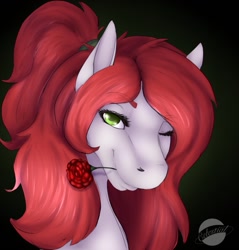 Size: 1223x1280 | Tagged: safe, artist:celestialoddity, artist:mamachubs, imported from derpibooru, oc, oc only, pony, black background, dark background, equine, female, green eyes, hair tie, mare, one eye closed, ponytail, presenting, rose, simple background, solo, wink