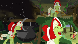 Size: 3840x2160 | Tagged: safe, artist:eagle1division, imported from derpibooru, granny smith, timber wolf, ask mars pony, bonnet, everfree forest, female, hat, laughing, mare, montage, mouth hold, night sky, pot, scared, stars, vector, wide eyes, young granny smith, younger