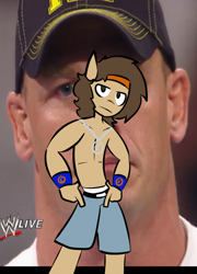 Size: 602x838 | Tagged: safe, artist:asktenderlove, imported from derpibooru, oc, oc only, oc:cinnamon buns, anthro, bare chest, clothes, cosplay, john cena, potato salad, solo, topless, wrestling