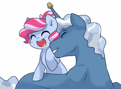 Size: 2700x2000 | Tagged: safe, artist:kianamai, imported from derpibooru, pokey pierce, oc, oc:cotton candy, kilalaverse, blushing, childproofing, cork, father and daughter, female, filly, horn guard, next generation, offspring, parent:pinkie pie, parent:pokey pierce, parents:pokeypie, simple background, tickling, white background