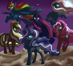 Size: 4000x3600 | Tagged: safe, artist:dreamyart, artist:dreamyartcosplay, imported from derpibooru, applejack, fluttershy, nightmare rarity, pinkie pie, rainbow dash, twilight sparkle, alicorn, earth pony, pegasus, pony, unicorn, ask nightmare mane 6, ask nightmare six, mane six, nightmare applejack, nightmare fluttershy, nightmare mane 6, nightmare mane six, nightmare pinkie, nightmare rainbow dash, nightmare six, nightmare twilight, nightmarified, rearing, twilight sparkle (alicorn), we're doomed, xk-class end-of-the-world scenario