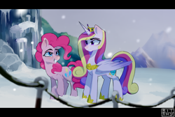 Size: 1902x1280 | Tagged: safe, artist:8bitamy, imported from derpibooru, pinkie pie, princess cadance, alicorn, earth pony, pony, party pooped, duo, duo female, female, grin, mare, scene interpretation