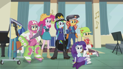 Size: 1920x1080 | Tagged: safe, imported from derpibooru, screencap, applejack, fluttershy, pinkie pie, rainbow dash, rarity, sunset shimmer, equestria girls, friendship games, awkward, bobby hat, boots, bracelet, clothes, context is for the weak, cowboy boots, cowboy hat, drum kit, drums, equestrian, farmer pinkie, female, hat, helmet, high heel boots, hockey, hockey helmet, hockey mask, hockey stick, jewelry, mask, musical instrument, piano, police, police uniform, pun, rozzer dash, shoes, skirt, sports, sunset welder, visual pun, wat, welding mask