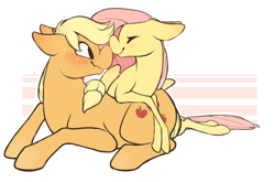 Size: 956x632 | Tagged: safe, artist:tigs, imported from derpibooru, applejack, fluttershy, earth pony, pegasus, pony, appleshy, blushing, boop, cute, duo, eyes closed, female, floppy ears, leaning, lesbian, nervous, noseboop, prone, shipping, simple background, skinny legs, smiling, sweat, thin legs, wavy mouth