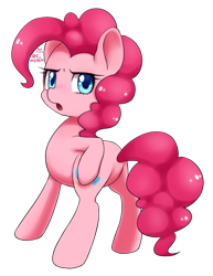 Size: 830x1077 | Tagged: safe, artist:shusu, imported from derpibooru, pinkie pie, earth pony, pony, butt, female, frown, looking at you, looking back, looking back at you, open mouth, pixiv, plot, solo