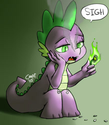 Size: 724x829 | Tagged: safe, artist:crade, imported from derpibooru, spike, fire, flower, male, sad, solo