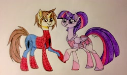 Size: 3238x1911 | Tagged: safe, artist:ameliacostanza, imported from derpibooru, twilight sparkle, alicorn, pony, unicorn, amethyst sorceress, clothes, costume, crossover, crossover shipping, female, male, peter parker, ponified, shipping, spider-man, spiders and magic iv: the fall of spider-mane, spiders and magic: rise of spider-mane, spidertwi, straight, superhero, traditional art, twilight sparkle (alicorn)
