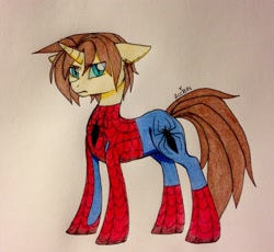 Size: 2491x2289 | Tagged: safe, artist:ameliacostanza, imported from derpibooru, pony, unicorn, clothes, floppy ears, male, peter parker, ponified, slit eyes, slit pupils, solo, spider-man, spiders and magic iv: the fall of spider-mane, spiders and magic: rise of spider-mane, stallion, traditional art