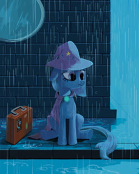 Size: 819x1024 | Tagged: dead source, safe, artist:maggwai, imported from derpibooru, trixie, pony, unicorn, cape, clothes, female, frown, hat, luggage stickers, rain, sad, sitting, solo, suitcase, trixie's cape, trixie's hat, wet