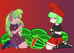 Size: 4603x3325 | Tagged: safe, artist:oneovertwo, imported from derpibooru, drama letter, lemon zest, watermelody, equestria girls, friendship games, background human, beret, clothes, crystal prep academy, crystal prep academy uniform, crystal prep shadowbolts, duo, eating, gradient background, headphones, school uniform, skirt, watermelon