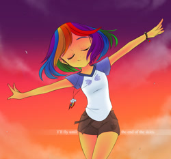 Size: 1200x1119 | Tagged: safe, artist:framboosi, imported from derpibooru, rainbow dash, human, tanks for the memories, cloud, cute, dashabetes, eyes closed, female, humanized, i'll fly, sky, solo, sunset, tears of joy
