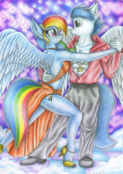 Size: 1280x1795 | Tagged: safe, artist:sinaherib, imported from derpibooru, rainbow dash, soarin', anthro, bare chest, bocas top, breasts, cleavage, clothes, dancing, duo, feet, female, high heels, male, midriff, nail polish, open-toed shoes, shipping, shoes, side slit, sideboob, soarindash, straight, tango, toenail polish, toes, topless, traditional art