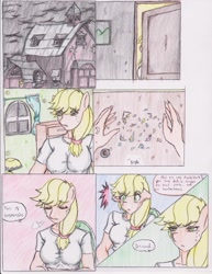 Size: 1275x1655 | Tagged: safe, artist:zoarenso, imported from derpibooru, applejack, discord, anthro, comic:harsh apples, comic, harsh apples, photo, traditional art