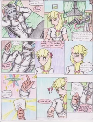 Size: 1275x1672 | Tagged: safe, artist:zoarenso, imported from derpibooru, applejack, discord, anthro, comic:harsh apples, comic, harsh apples, stupid sexy discord, traditional art
