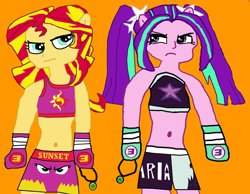 Size: 1736x1350 | Tagged: safe, artist:shafty817, imported from derpibooru, aria blaze, sunset shimmer, equestria girls, 1000 hours in ms paint, 30 minute art challenge, boxing, clothes, daughter, exeron fighters, exeron gloves, ms paint, pendant, ponied up, pony ears, sports bra, trunks