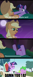 Size: 550x1289 | Tagged: safe, anonymous editor, edit, edited screencap, editor:foxy1219, imported from derpibooru, screencap, applejack, spike, twilight sparkle, friendship is magic, abuse, cliff, screencap comic, twilybuse