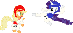 Size: 1024x476 | Tagged: dead source, safe, anonymous artist, anonymous editor, imported from derpibooru, applejack, rarity, earth pony, pony, unicorn, base used, black belt, chest guard, clothes, dobok, duo, duo female, female, gi, headgear, mare, martial artist rarity, martial arts, op is a dog, pants, robe, simple background, taekwondo, transparent background, trousers