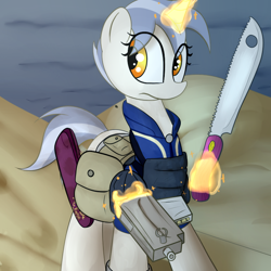 Size: 700x700 | Tagged: safe, artist:datte-before-dawn, artist:dattebayo681, derpibooru exclusive, imported from derpibooru, oc, oc only, oc:leaky faucet, pony, unicorn, fallout equestria, fallout equestria: the things we've handed down, desert, gun, levitation, machete, magic, pipbuck, pistol, saddle bag, solo, telekinesis