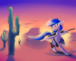 Size: 3550x2850 | Tagged: safe, artist:imsokyo, imported from derpibooru, oc, oc only, oc:sapphire sights, pegasus, pony, fallout equestria, cactus, cutie mark, desert, female, gun, holster, hooves, mare, optical sight, pipbuck, pistol, raised eyebrow, rifle, running, saguaro cactus, smiling, sniper, sniper rifle, solo, sunset, wasteland, weapon, wings