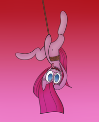 Size: 848x1045 | Tagged: safe, artist:mr. rottson, imported from derpibooru, pinkie pie, belly button, hung upside down, pinkamena diane pie, rope, solo, upside down