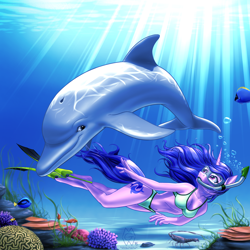 Size: 3000x3000 | Tagged: safe, artist:mykegreywolf, imported from derpibooru, sea swirl, seafoam, anthro, dolphin, fish, lobster, unguligrade anthro, unicorn, belly button, bikini, breasts, bubble, cleavage, clothes, coral, crepuscular rays, diving, female, flippers, flippers (gear), freediving, smiling, snorkel, snorkeling, solo, swimming, swimsuit, underwater