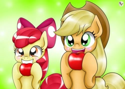 Size: 1024x730 | Tagged: safe, artist:lielie, imported from derpibooru, apple bloom, applejack, earth pony, pony, adorabloom, apple, applebetes, cowboy hat, cute, duo, eating, female, food, hair ribbon, hat, jackabetes, mare, pixiv, sisters, that pony sure does love apples