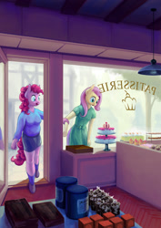 Size: 1280x1810 | Tagged: safe, artist:dahtamnay, imported from derpibooru, fluttershy, pinkie pie, anthro, cake, clothes, dress, skirt