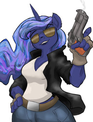 Size: 779x1025 | Tagged: safe, artist:slouping, imported from derpibooru, princess luna, anthro, badass, belt, belt buckle, clothes, female, fingerless gloves, glasses, gloves, gun, jeans, leather jacket, looking at you, sheriff, solo, trigger discipline, wip