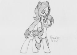 Size: 1063x751 | Tagged: safe, artist:poldekpl, imported from derpibooru, oc, oc only, oc:gloomy panda, oc:poldek, earth pony, pegasus, pony, happy, monochrome, pencil drawing, piggyback ride, simple background, sketch, traditional art