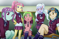 Size: 1200x800 | Tagged: safe, artist:uotapo, imported from derpibooru, indigo zap, lemon zest, sour sweet, sugarcoat, sunny flare, equestria girls, friendship games, bow, bowtie, chair, chalkboard, clothes, crystal prep academy, crystal prep academy uniform, cute, ear piercing, earring, female, freckles, glasses, goggles, happy, jewelry, legs, looking at you, open mouth, piercing, plaid skirt, pleated skirt, school uniform, schoolgirl, shadow five, shocked, sitting, skirt, smiling, socks, unsure, varying degrees of want, vest, wallpaper