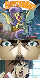 Size: 660x1290 | Tagged: safe, artist:tonyfleecs, edit, idw, imported from derpibooru, fluttershy, bat pony, pony, vampire, night of the living apples, spoiler:comic, spoiler:comic32, battle tendency, female, flutterbat, jojo's bizarre adventure, joseph joestar, mare, oh no, open mouth, speech bubble, spread wings, wings