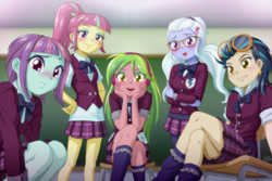 Size: 1200x802 | Tagged: safe, alternate version, artist:uotapo, imported from derpibooru, indigo zap, lemon zest, sour sweet, sugarcoat, sunny flare, equestria girls, friendship games, bedroom eyes, blurry, blushing, chalkboard, clothes, crystal prep academy, crystal prep academy uniform, crystal prep shadowbolts, female, glasses, hairclip, looking at you, pigtails, ponytail, school uniform, schoolgirl, shadow five, varying degrees of want