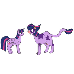 Size: 800x800 | Tagged: safe, artist:kushina13, imported from derpibooru, twilight sparkle, alicorn, cow, pony, alternate hairstyle, duo, duo female, female, folded wings, horn, looking at each other, looking at someone, mare, punklight sparkle, self ponidox, simple background, species swap, twilight sparcow, twilight sparkle (alicorn), udder, white background, wings