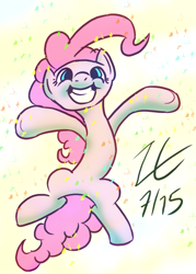 Size: 647x903 | Tagged: safe, artist:liracrown, imported from derpibooru, pinkie pie, confetti, female, jumping, smiling, solo