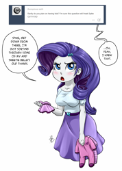 Size: 1200x1684 | Tagged: safe, artist:pia-sama, imported from derpibooru, rarity, spike, equestria girls, ask, blushing, clothes, dialogue, dress, female, implied shipping, implied sparity, implied spike, implied straight, implied sweetie belle, male, offscreen character, offspring, open mouth, palindrome get, shipping, simple background, skirt, solo, sparity, speech bubble, straight, tumblr, white background