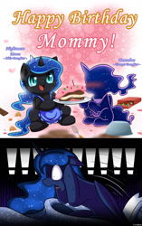 Size: 1131x1800 | Tagged: safe, artist:vavacung, imported from derpibooru, nightmare moon, princess luna, tantabus, alicorn, pony, do princesses dream of magic sheep, blushing, cake, catapult nightmare, comic, cute, family, female, filly, filly nightmare moon, filly tantabus, floppy ears, fridge horror, looking at you, mare, maternaluna, missing accessory, moonabetes, mother and daughter, nightmare, nightmare woon, open mouth, screaming, sitting, smiling, sweat, tantibetes, the implications are horrible, wide eyes, younger