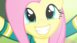 Size: 1280x720 | Tagged: safe, imported from derpibooru, screencap, fluttershy, filli vanilli, cute, ponytones outfit, shyabetes, smiling, teeth