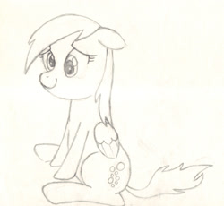 Size: 2435x2241 | Tagged: safe, artist:chronicle23, imported from derpibooru, derpy hooves, pegasus, pony, female, floppy ears, monochrome, sitting, smiling, solo, traditional art