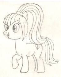 Size: 1862x2335 | Tagged: safe, artist:chronicle23, imported from derpibooru, sonata dusk, earth pony, pony, female, mare, monochrome, ponified, ponytail, solo, traditional art