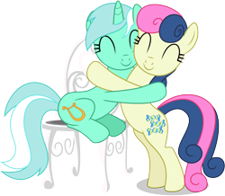 Size: 7000x6100 | Tagged: safe, artist:caliazian, imported from derpibooru, bon bon, lyra heartstrings, sweetie drops, pony, slice of life (episode), absurd resolution, adorabon, best friends, bipedal, c:, chair, cute, eyes closed, hug, lyrabetes, simple background, sitting, smiling, transparent background, vector