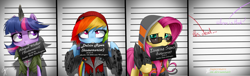 Size: 2581x787 | Tagged: safe, artist:supermare, imported from derpibooru, fluttershy, rainbow dash, twilight sparkle, abigail "fetch" walker, beanie, clothes, crossover, delsin rowe, eugene sims, glasses, hat, infamous, infamous second son, mugshot