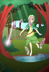 Size: 1170x1724 | Tagged: safe, artist:didj, imported from derpibooru, fluttershy, human, my little mages, barefoot, druid, fantasy class, feet, female, floating wings, flutterdruid, forest, glow, glowing, hood, humanized, magic, scepter, solo, water